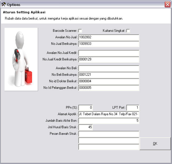 Layar Setting Aplikasi / Opsi Opsi Software Apotek AKUA